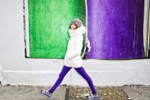 Look 5: Uniqlo white puffy jacket Club Monaco white furry scarf Clover Canyon printed wedges Hue purple legging pants Hue purple Socks Zara purple/white mix beanie