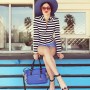 Paige: DVF Lacie Striped Knit Jacket DVF Meni Mesh Detail Bra Top DVF Fausta Gingham Print Short DVF Vera Too Gingham Heel DVF blue leather and gingham handbag Envelope Gingham Printed Leather Clutch Vintage Lanvin blue straw hat w/crochet polkadots, $450 at The Way We Wore Lacoste red sunglasses, model’s own