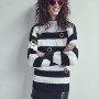 1980's Bonnie Boerer 'NWT' navy and white sweater with nautical hardware / 1980's black leather mini skirt / Linda Farrow sunglasses