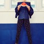 dotted loafer skimmers by Hue; denim off the shoulder top by Natalia Constantinidou; gold hoop earrings by H&M; black patent leather loafers by Christian Louboutin