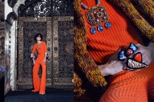 On Lika: Orange jumpsuit by Lako Bukia. Necklace by Atelier Marta. Rings by Eka Samkharadze, chunky cardigan by Bulli.