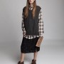 Midnight velvet skirt, men's plaid shirt, grey cashmere vest